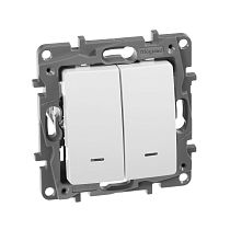 ETIKA Выключатель 2-клавишный проходной с подсветкой/индикацией 10А безвинтовое крепление белый