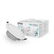 Светильник Gauss Basic Downlight круг 9W 720lm 4000K 210-240V IP54 110*44 белый LED 1/40