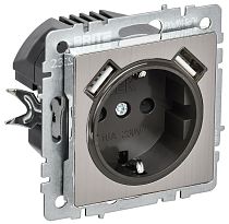 BRITE Розетка 1-местная с заземлением с защитными шторками 16А с USB A+A 5В 2,1А РЮш10-1-БрГН металл хром/никель IEK