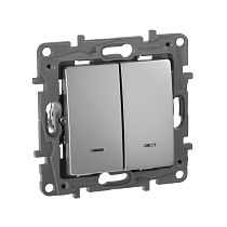 ETIKA Выключатель 2-клавишный с подсветкой/индикацией 10А безвинтовое крепление алюминий