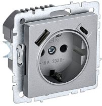 Розетка BRITE одноместная с заземлением с защитными шторками 16А с USB A+C 18Вт РЮш11-1-БрА алюминий  IEK