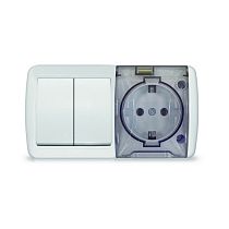 "Клио" Блок горизонт. Выкл. 2 кл. + Роз. с/з IP54. с прозрачной крышкой бел.