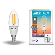 Умная Wi-Fi лампа Gauss Smart Home Filament С35 4,5W 495лм E14 управление голосом/смартфоном, с и Умная Wi-Fi лампа Gauss Smart Home Filament С35 4,5W 495лм E14 управление голосом/смартфоном, с и