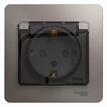 Glossa Платина Розетка с заземлением со шторками с крышкой IP44 (в сборе с рамкой) Systeme Electric (Schneider Electric)