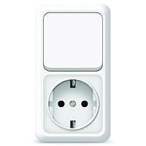 Блок Олимп, открытой установки, выключатель одноклавишный 10А + розетка с заземлением 16A, 220В, вертикальный белый UNIVERSAL