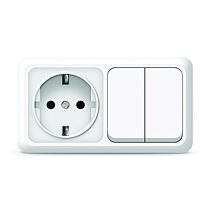 Блок Олимп, открытой установки, выключатель двухклавишный 10А + розетка с заземлением 16A, 220В, горизонтальный белый UNIVERSAL