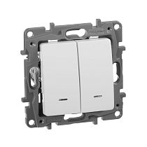 ETIKA Выключатель 2-клавишный с подсветкой/индикацией 10А безвинтовое крепление белый
