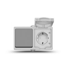 Блок горизонтальный Аллегро, открытой установки, выключатель одноклавишный 10А + розетка одноместная с крышкой, IP54, с заземлением, защитные шторки, 16А, 220В, серый UNIVERSAL