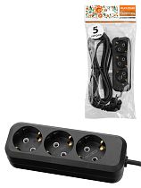 Удлинитель 3 гнезда, 5 метров, с/з, 10 А, 2300 Вт, черный, НАРОДНЫЙ У1-32049