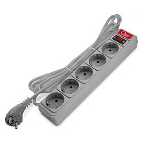Сетевой фильтр ПВС 3х0,75 5 гнезд 10А выключатель с индикацией, с заземлением, серый 3м Союз
