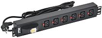 ITK PDU 6 розеток C19 с фиксатором вилки с автоматом на 16А 1,5U кабель 3м вилка немецкий стандарт алюминиевый профиль черный IEK