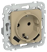 FLITE Розетка 1-местная с заземлением с защитными шторками 16А с USB A+A 3,1А безвинтовое крепление РСЮша11-1-ФлХ хаки IEK