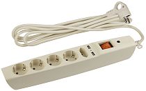 Сетевой фильтр ЭРА с надёжной защитой, заземлением и выключателем 5 розеток 2xUSB 2м 10А, Слоновая к