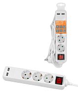 Удлинитель бытовой У03В-USB 3 гнезда, 2USB 2,4А, 3 м, вык., з/к, ПВС 3х0,75мм2 10А/250В белый TDM Удлинитель бытовой У03В-USB 3 гнезда, 2USB 2,4А, 3 м, вык., з/к, ПВС 3х0,75мм2 10А/250В белый TDM