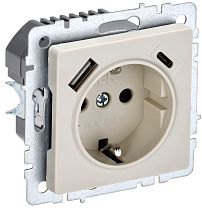 Розетка BRITE одноместная с заземлением с защитными шторками 16А с USB A+C 18Вт РЮш11-1-БрКр бежевый  IEK