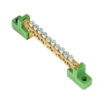 Шина "0" PE 6x9мм 10 отверстий латунь с контактной пластиной 2 зелёных угловых изолятора EKF PROxima Шина "0" PE 6x9мм 10 отверстий латунь с контактной пластиной 2 зелёных угловых изолятора EKF PROxima
