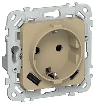 FLITE Розетка 1-местная с заземлением с защитными шторками 16А с USB A+C 20Вт безвинтовое крепление РСЮшс11-1-ФлХ хаки IEK