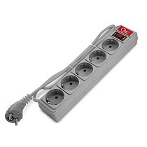 Сетевой фильтр ПВС 3х0,75 5 гнезд 10А выключатель с индикацией, с заземлением, серый 1,5м Союз