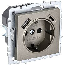 Розетка BRITE одноместная с заземлением с защитными шторками 16А с USB A+C 18Вт РЮш11-1-БрШ шампань  IEK