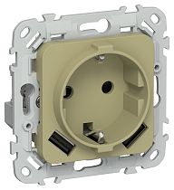 FLITE Розетка 1-местная с заземлением с защитными шторками 16А с USB A+A 3,1А безвинтовое крепление РСЮша11-1-ФлО оливковый IEK