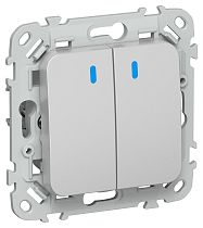 FLITE Выключатель 2-клавишный проходной с индикацией 10А ВС62-1-1-ФлА алюминий IEK