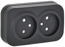 GLORY Розетка 2-местная для открытой установки без заземления с защитными шторками 10А РСш22-2-ХЧм черный матовый IEK