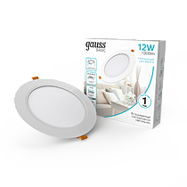 Светильник Gauss Basic Downlight круг 12W 1000m 4000K 170-260V IP20 145*26 белый LED 1/60