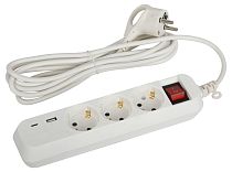 Удлинитель электрический ЭРА UB-3es-3m-USB c заземлением с выключателем 3 розетки + 1xUSBA+1xUSBC 3м 10А