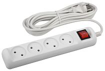 Удлинитель электрический ЭРА без заземления с выключателем 4 розетки 5 м ПВС 2x1 10А, Белый, U-4s-5m