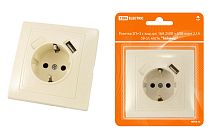 Розетка 2П+З с защ. шт. 16А 250В + USB порт 2,1А 5В сл. кость "Таймыр" TDM Розетка 2П+З с защ. шт. 16А 250В + USB порт 2,1А 5В сл. кость "Таймыр" TDM