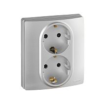 ETIKA Розетка 2-местная с заземлением с защитными шторками безвинтовое крепление 16А в сборе алюминий