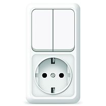 Блок Олимп, открытой установки, выключатель двухклавишный 10А + розетка с заземлением 16A, 220В, вертикальный белый UNIVERSAL