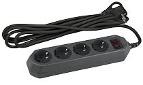 Сетевой фильтр ЭРА с надёжной защитой, заземлением и выключателем 4 розетки 1,5м 10А, Чёрный, USF-M-