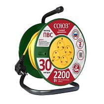 Удлинитель силовой на катушке 4 гнезда 10А IP20 2200 Вт с защитной крышкой 30м Союз