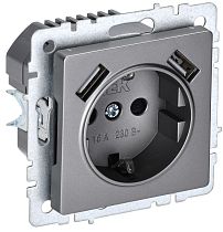 Розетка BRITE одноместная с заземлением с защитными шторками 16А с USB A+A 5В 2,1А РЮш10-1-БрС сталь  IEK