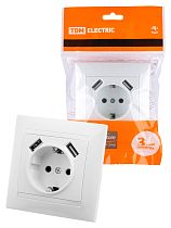 Розетка 2П+З 16А 250В + 2 USB порта 2,1А 5В белая "Лама"  TDM