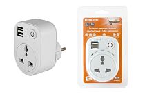 Адаптер универсальный поворотный с/з 250В 16А + 2USB 2.1A белый TDM Адаптер универсальный поворотный с/з 250В 16А + 2USB 2.1A белый TDM