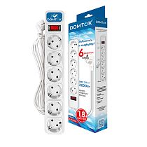 Фильтр-удлинитель "DOMTOK" 6гн., ПВС 3*1, 10А/2,2кВт белый 1,8м
