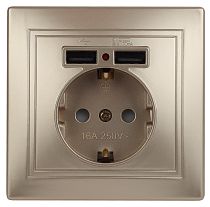 Розетка ЭРА Intro Plano 1-410-04 16А 250В + 2хUSB 5В-21А шампань с заземлением со шторками