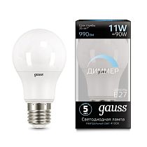 Лампа светодиодная Gauss A60-dim E27 11Вт 990lm 4100К диммируемая Лампа светодиодная Gauss A60-dim E27 11Вт 990lm 4100К диммируемая