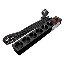 Фильтр сетевой ПВС 3*0,75 6 гнезд, выключатель с индикацией, с заземлением, защитные шторки, черный 5м UNIVERSAL