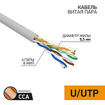 Кабель витая пара UTP 4PR 24AWG, CCA, CAT 5e, PVC, INDOOR, SOLID, серый, 305 м PROconnect