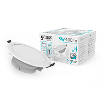 Светильник Gauss Basic Downlight круг 5W 400lm 4000K 210-240V IP54 90*44 белый LED 1/40