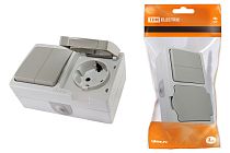 Блок комбинированный (горизонтальный) выключатель 2-кл. + розетка 2П+З с з/ш БКВР IP54 "Вуокса"  TDM