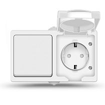 Блок Аллегро выключатель одноклавишный 10А + розетка одноместная с крышкой, IP54, с заземлением, защитные шторки, с крышкой 16А, 220В, белый UNIVERSAL