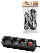 Удлинитель 3 гнезда, 5 метров, с/з, выкл., 10 А, 2300 Вт, черный, НАРОДНЫЙ У1-32055