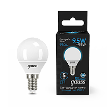 Лампа Gauss Шар 9.5W 950lm 6500K E14 LED 1/10/50 Лампа Gauss Шар 9.5W 950lm 6500K E14 LED 1/10/50