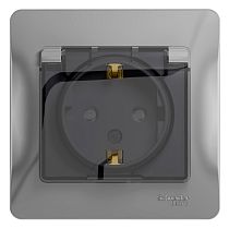 Glossa Алюминий Розетка с заземлением со шторками с крышкой, IP44 (в сборе с рамкой) Systeme Electric (Schneider Electric)