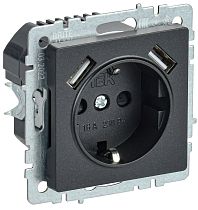 Розетка BRITE одноместная с заземлением с защитными шторками 16А с USB A+A 5В 2,1А РЮш10-1-БрЧ черный  IEK