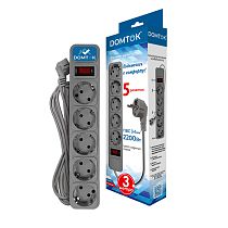 Фильтр-удлинитель "DOMTOK" 5гн., ПВС 3*1, 10А/2,2кВт серый 3м